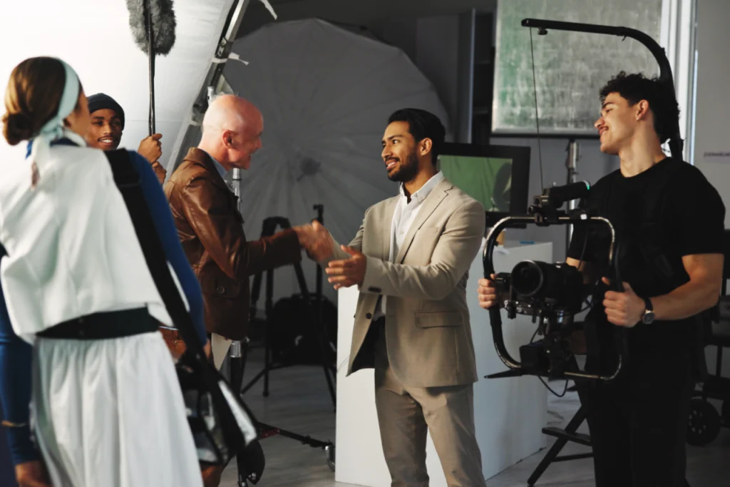 Film crew collaborating on set