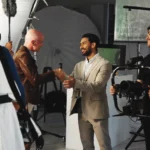 Film crew collaborating on set