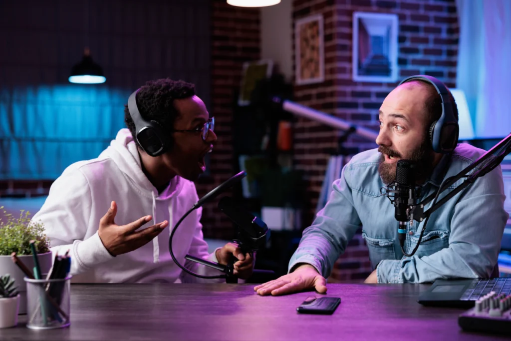 Podcasters having animated discussion
