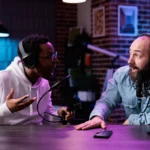 Podcasters having animated discussion